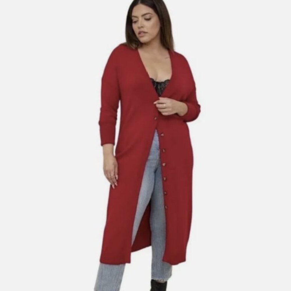 Torrid 2X Long V-Neck Cardigan Minimalist Duster Sweater Dress Button Down Red